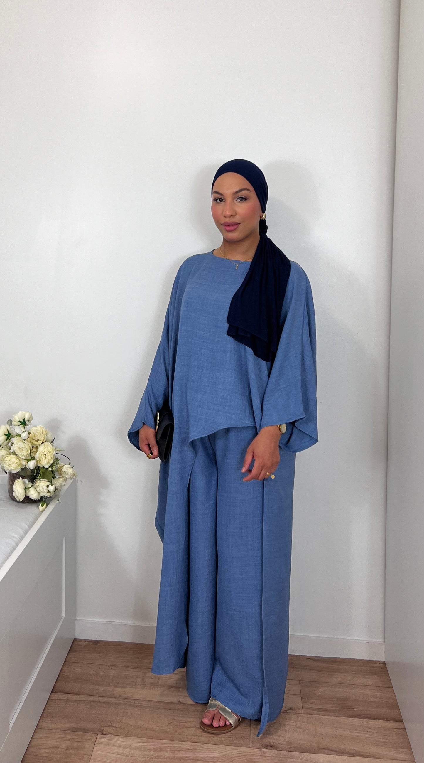 Ensemble Alena bleu jean – Tunique et pantalon fluide femme voilée